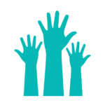 Three teal hands raised