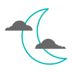 Teal outline of crescent moon and grey clouds