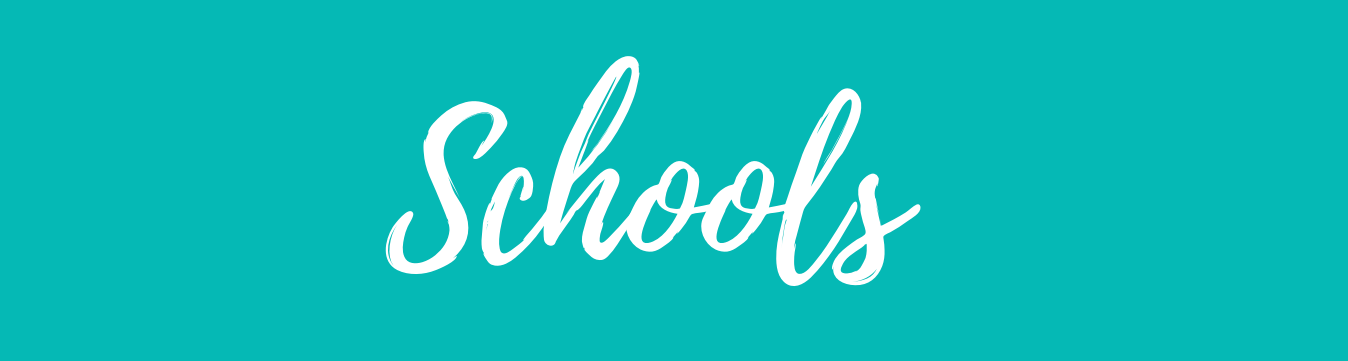 Teal banner with white letters of schools